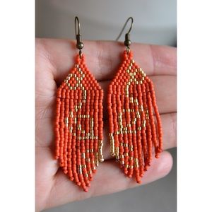 MIYUKI hand beaded earrings, burnt orange and gold swirls